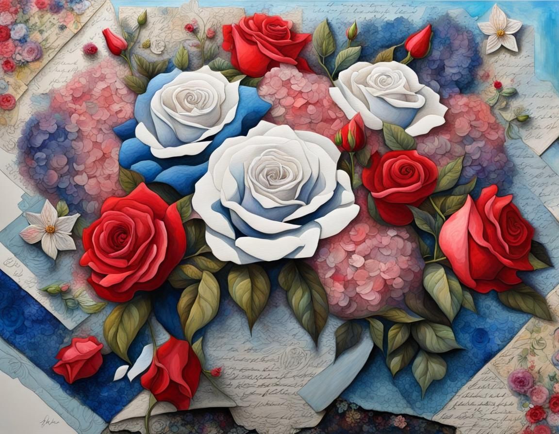 Dimensional Collage of Roses, Velvet, and Phlox