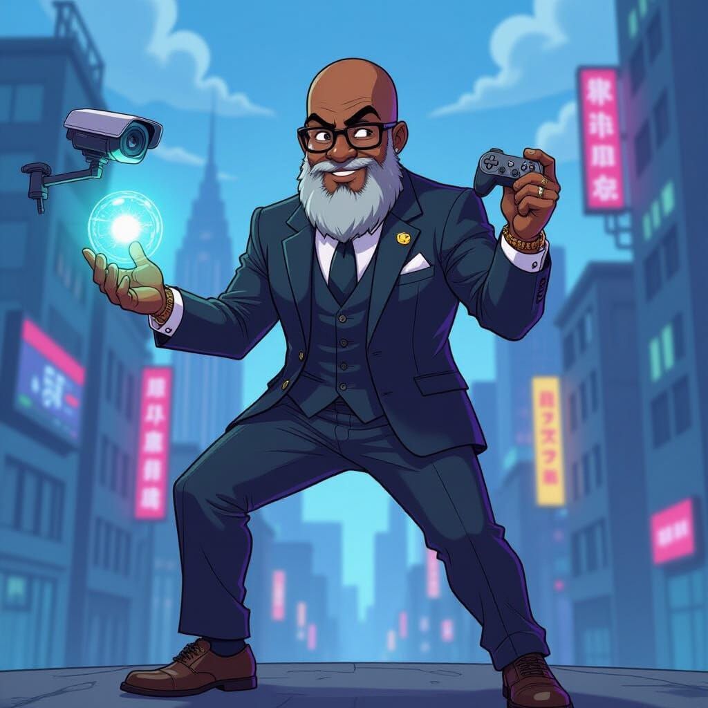 Bald African American Man in Comedic Pose with Tech Gadgets