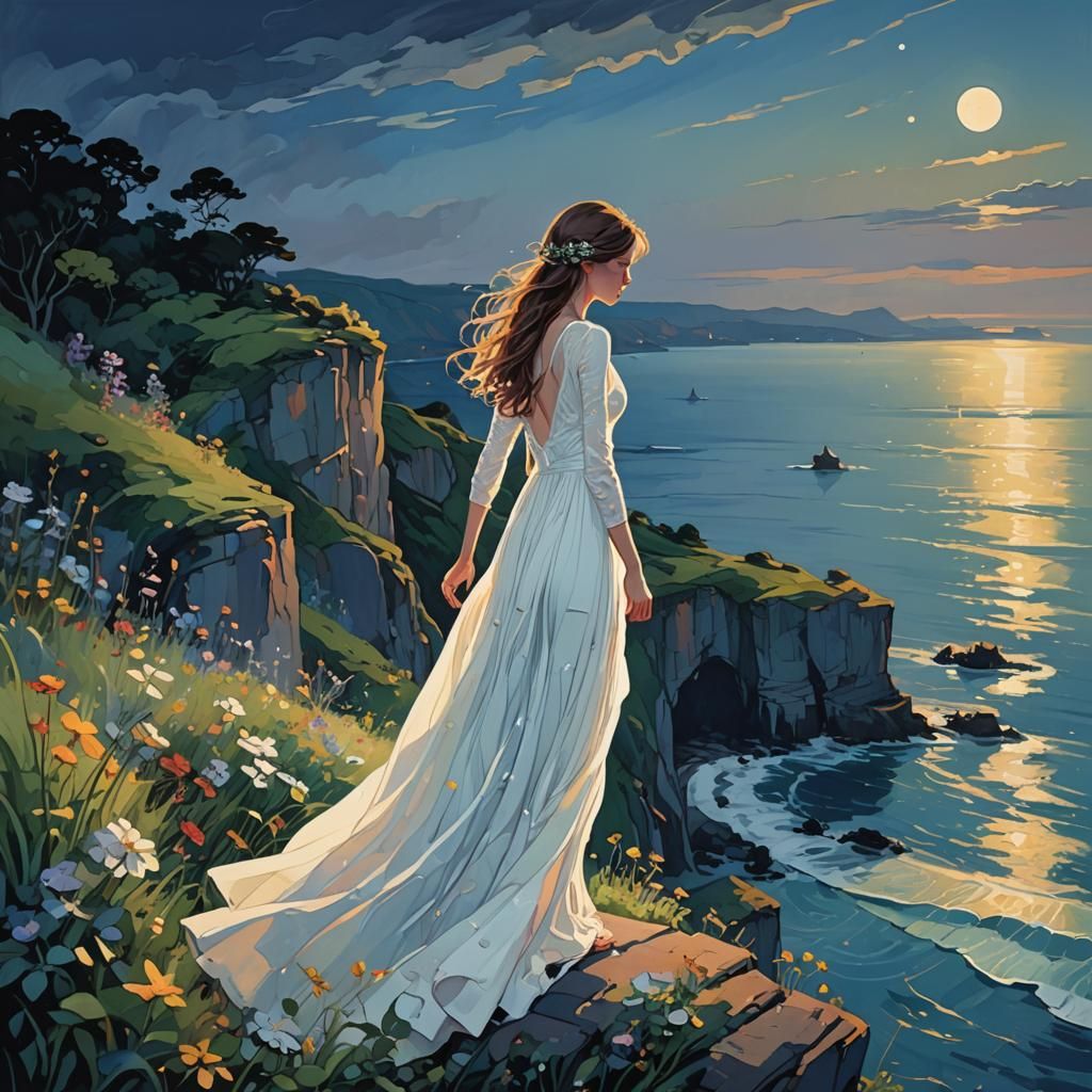 Moonlit Girl in White Gown, Digital Art