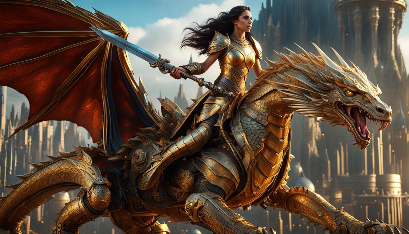 Medieval Sci-fi Fusion: Warrior Princess on Her Golden Dragon
