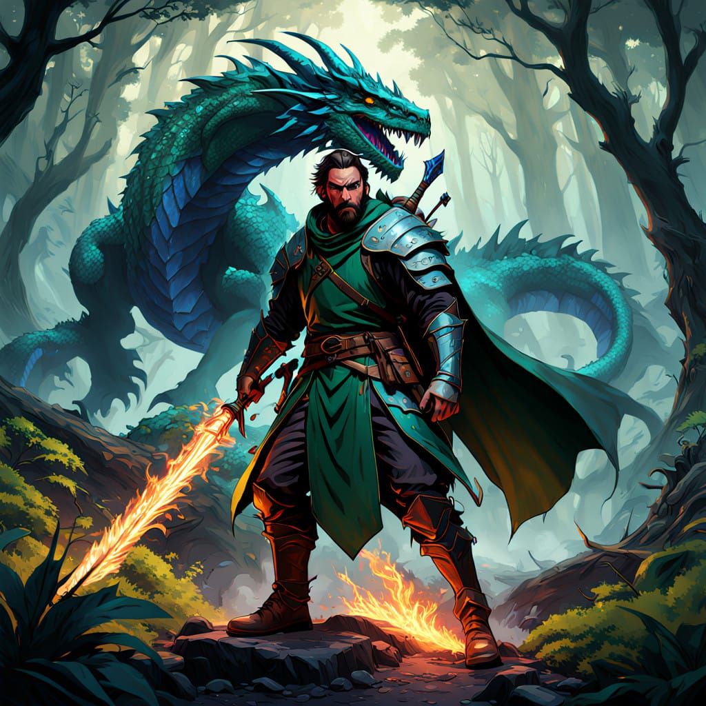 Medieval Ranger Battles Majestic Dragon in Ancient Forest