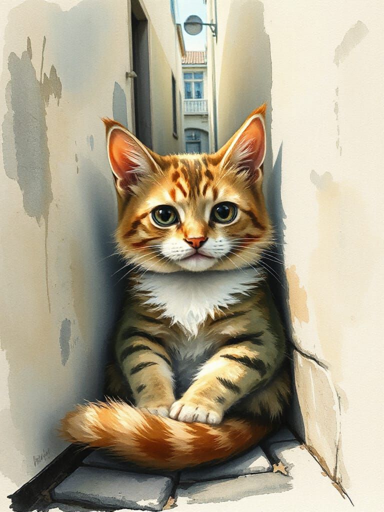 Whimsical Alleyway Cat in Soft Watercolor