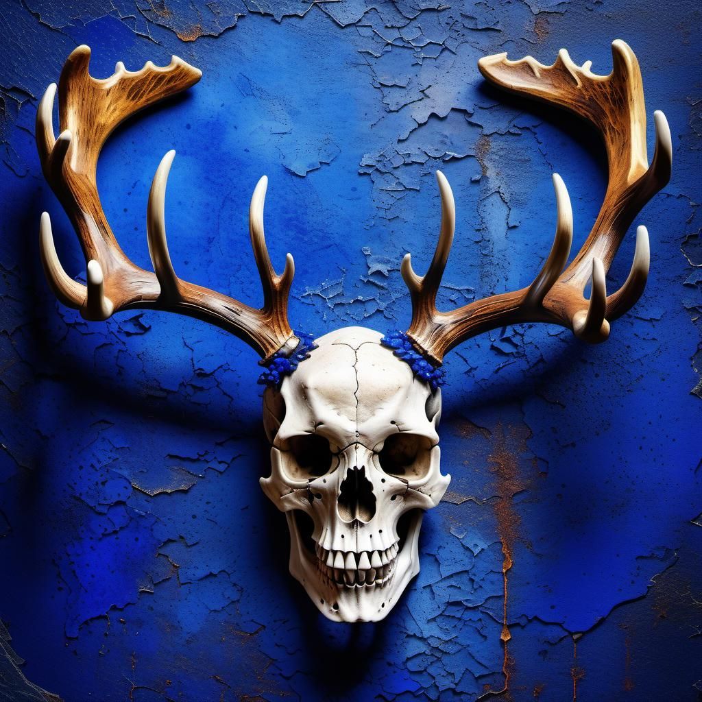 A human skull with moose antlers