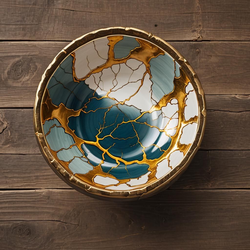 Elegant Kintsugi Bowl on Wooden Table