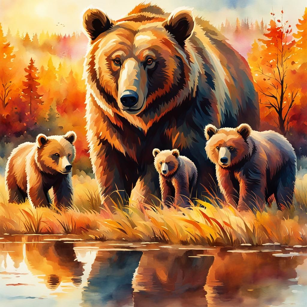 Autumn Sunrise Bear Family in Watercolor Style