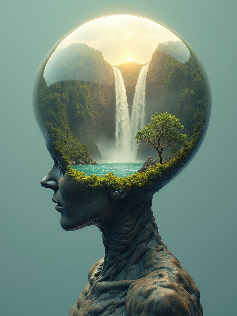 Surreal Light Bulb Head Reveals Summer Landscape