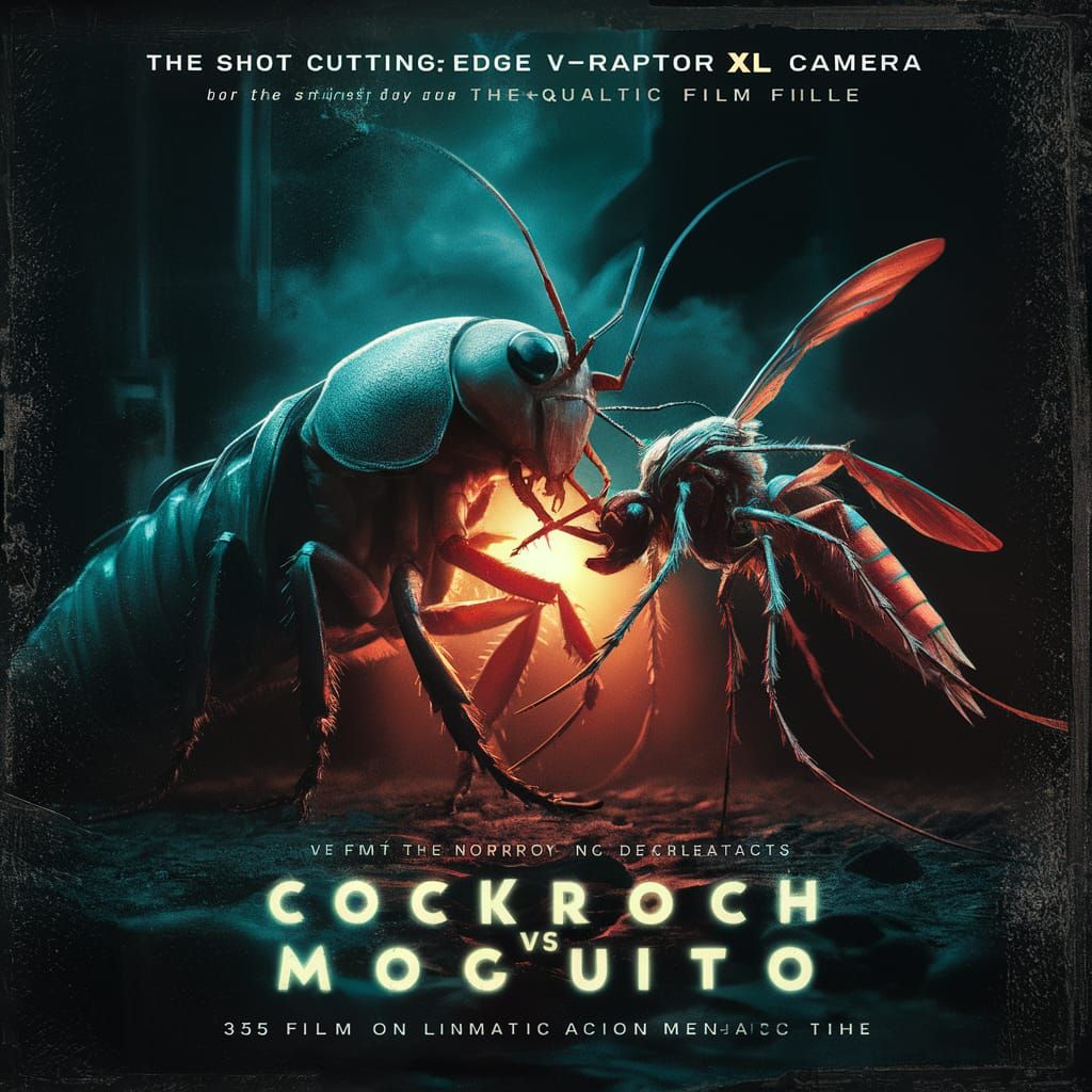 Cinematic Sci-Fi Horror Film Poster: Cockroach vs Mosquito