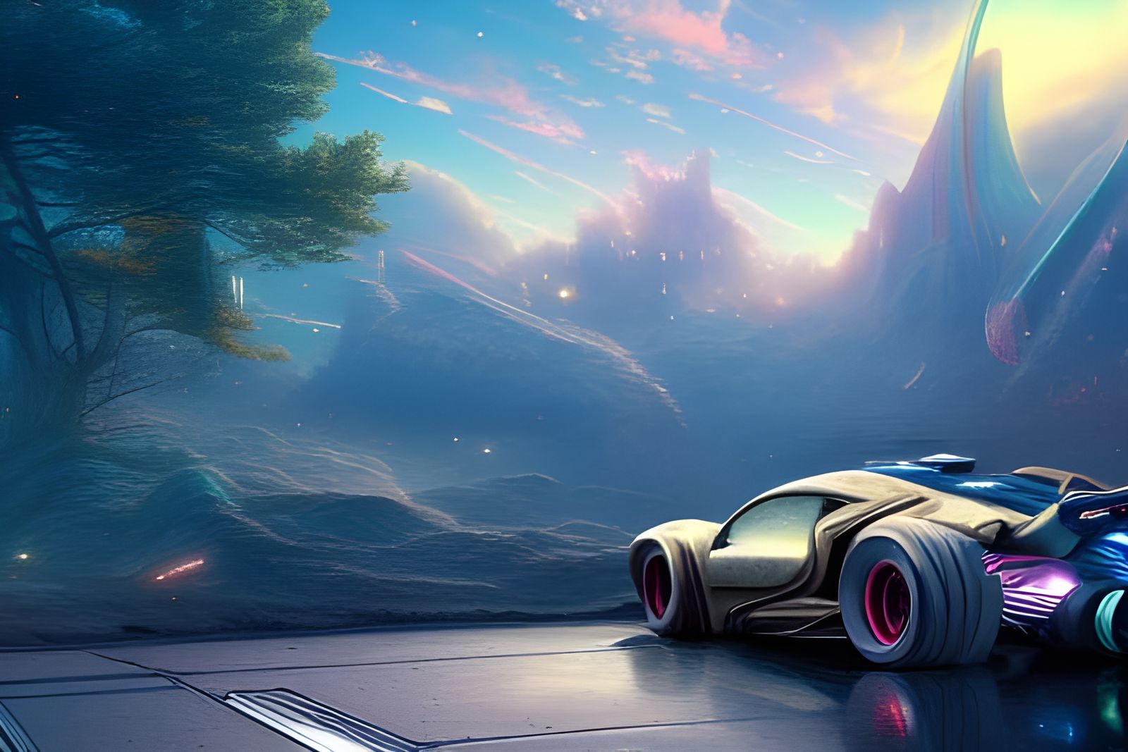 Futuristic Car in Detailed Scifi Landscape