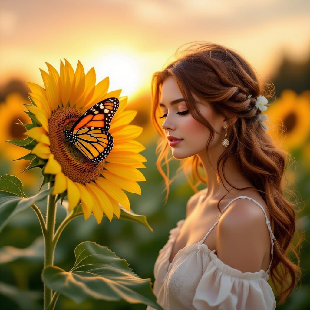 Sunflower, Butterfly, and Woman in Golden Hour Light
