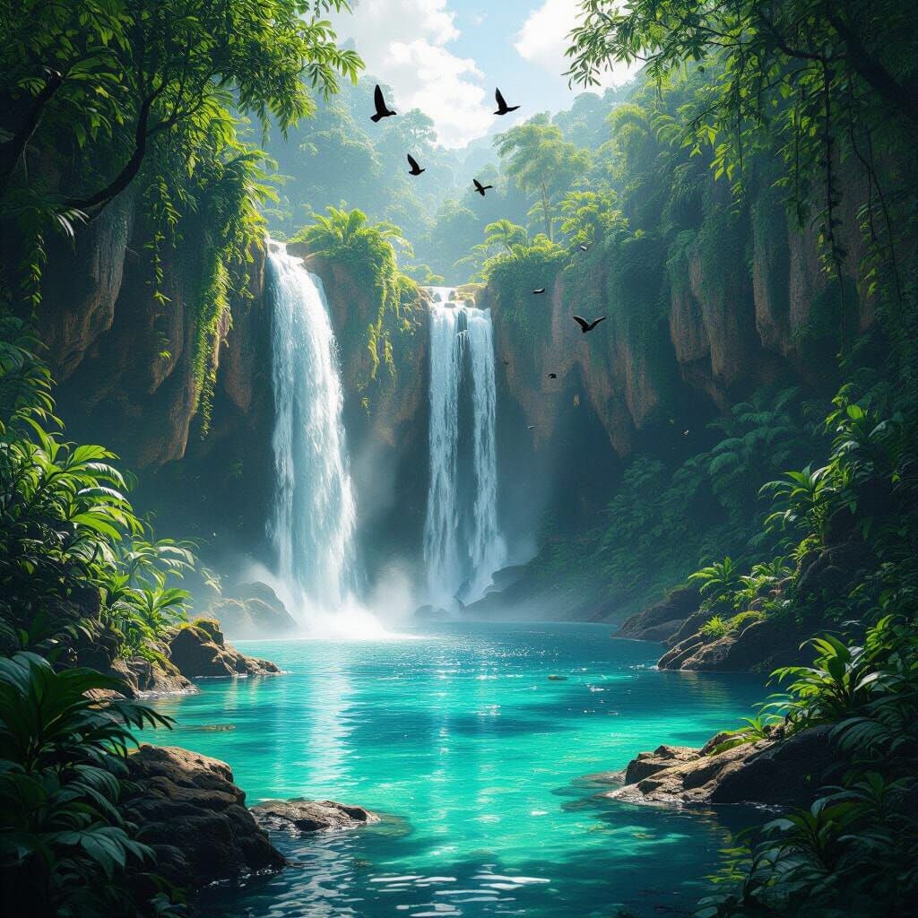 Tropical Rainforest Waterfall in a Hidden Lagoon: 3D Render