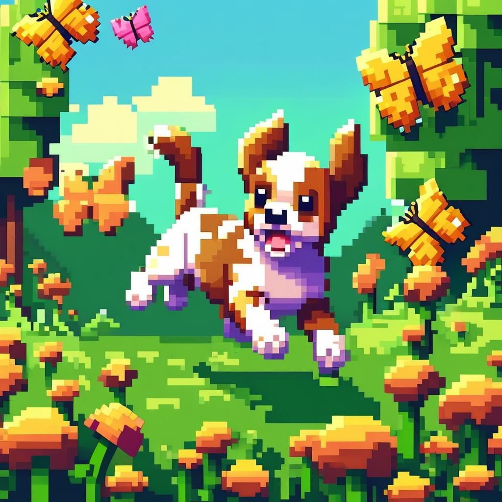 Cute Puppy Chasing Butterfly in Pixel Art