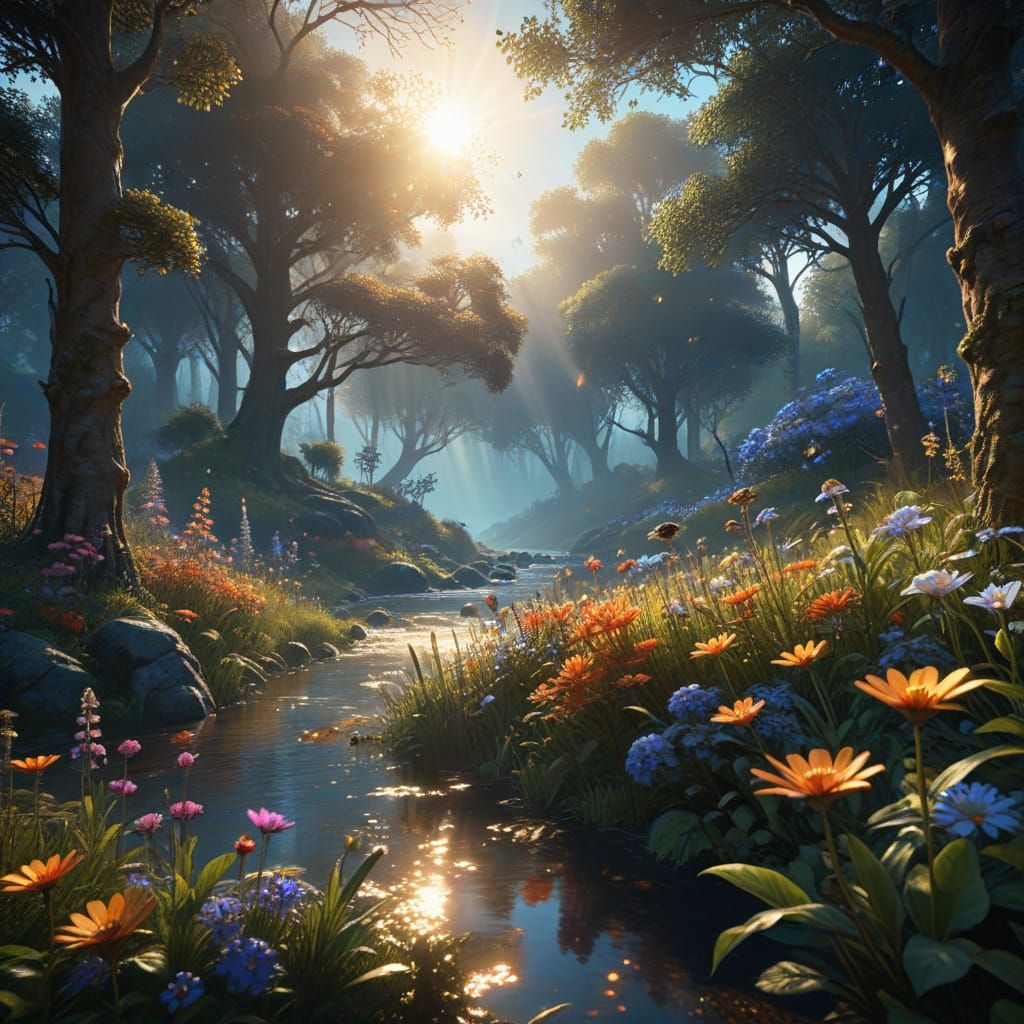 Serene Sunlit Clearing in Vibrant Fantasy Colors