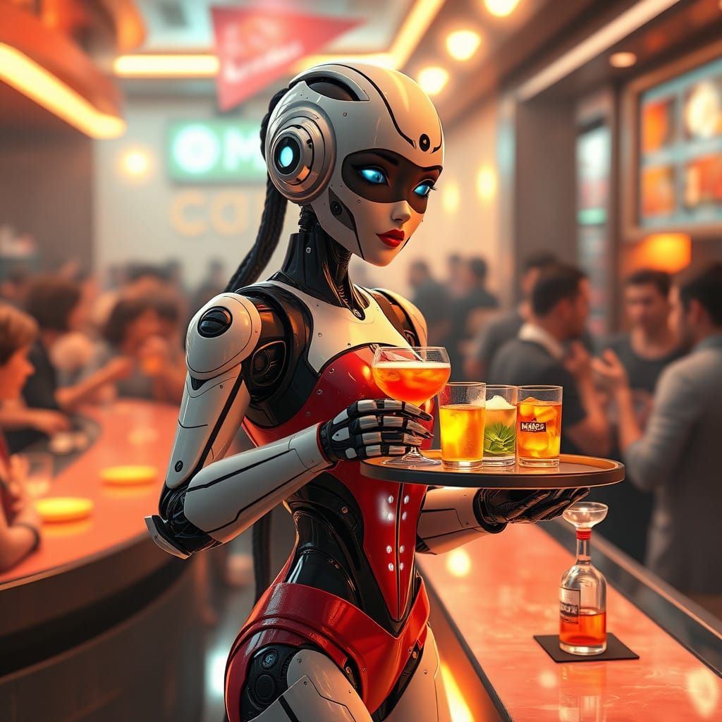Cyberpunk Robot Waitress in a Bustling Bar