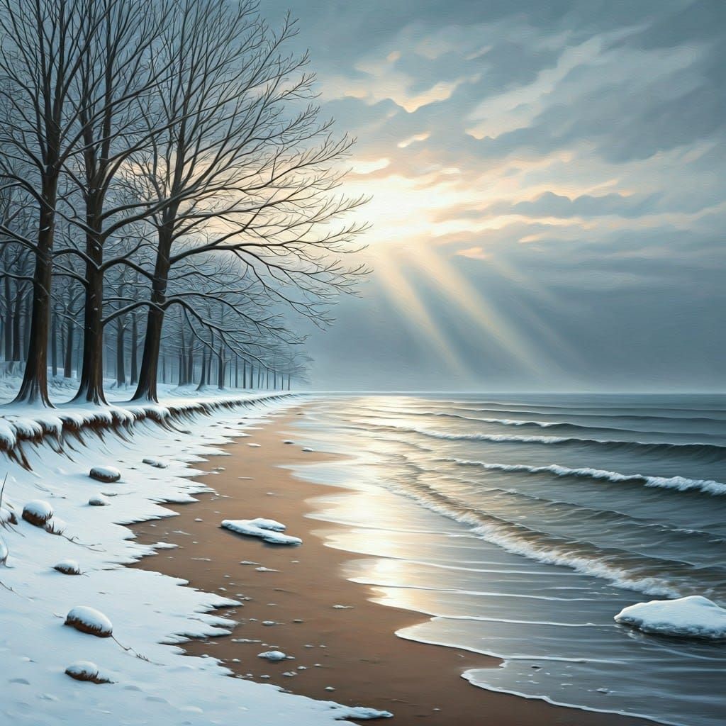 Serene Winter Beach Scene in Oil Painting Style