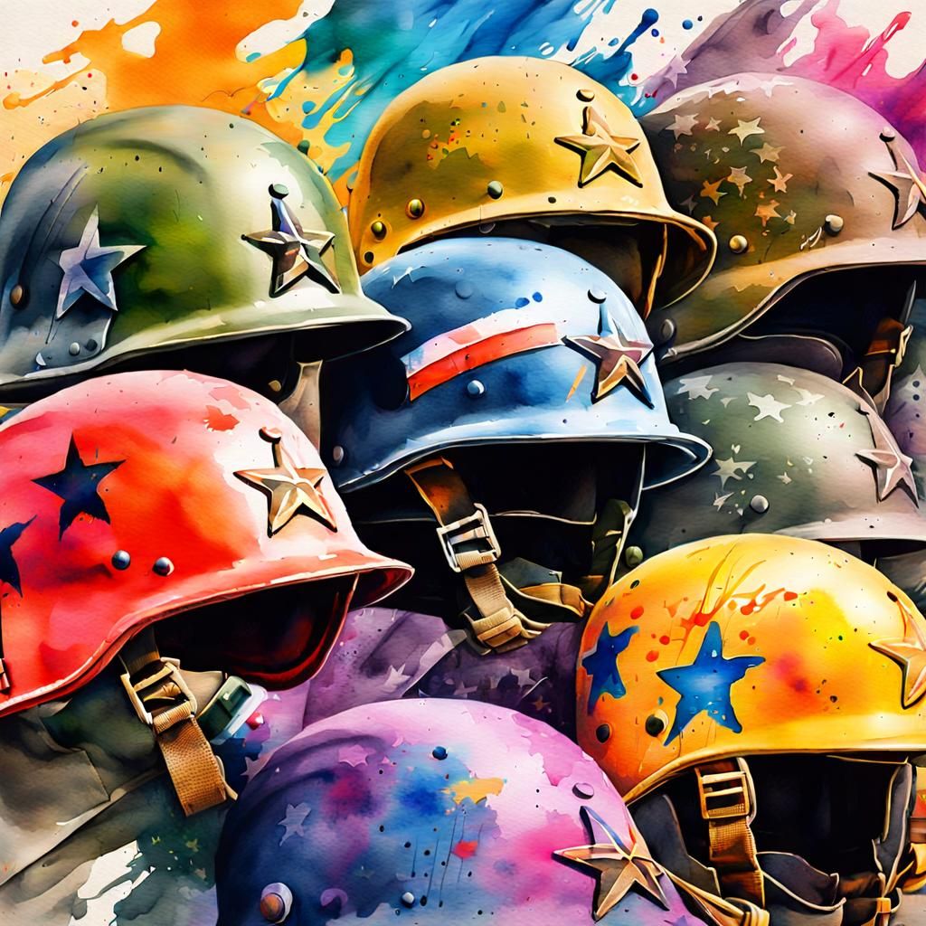 Vibrant Watercolour Double Exposure of WW2 Helmets