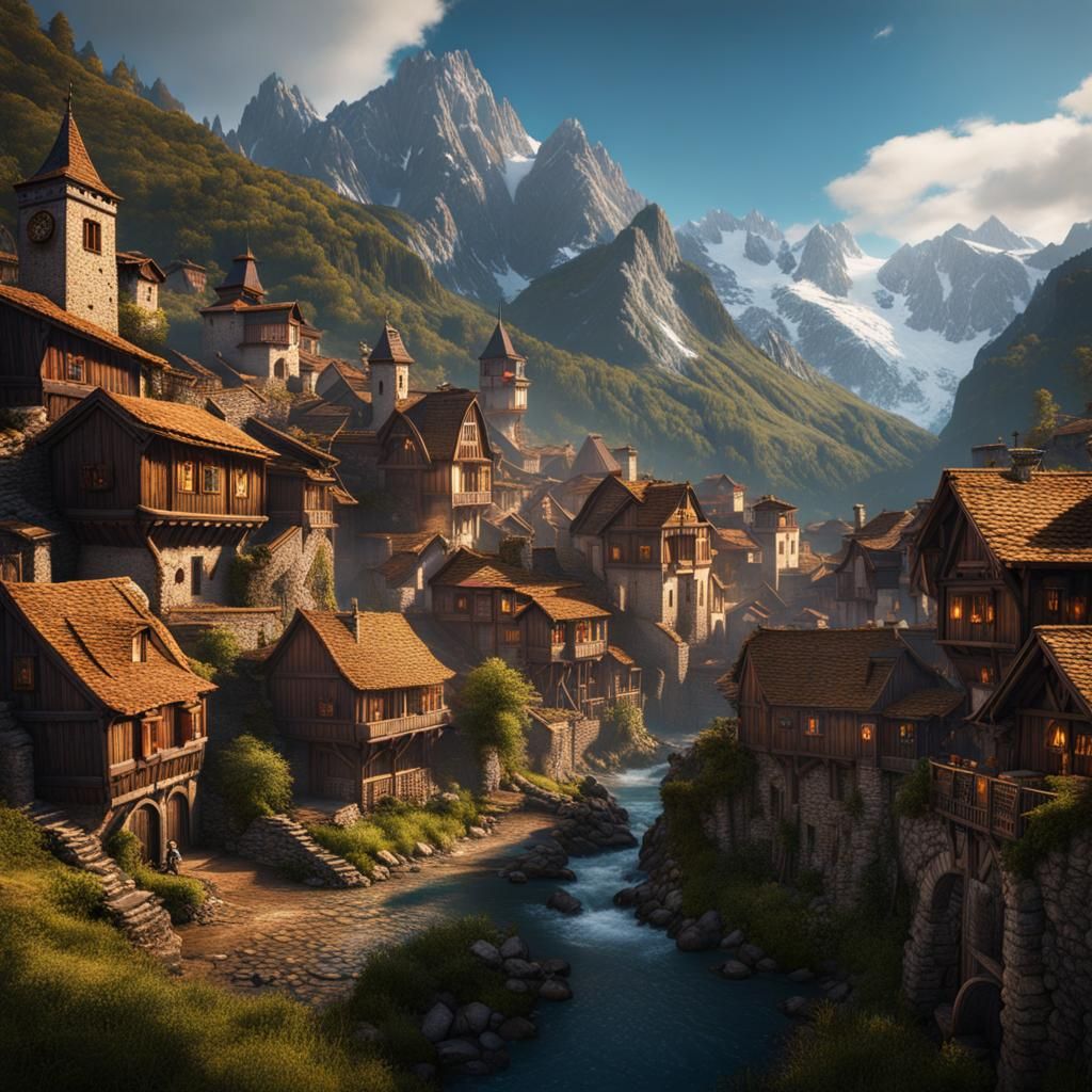 Pyrenees Mountain Town: Detailed Matte Painting