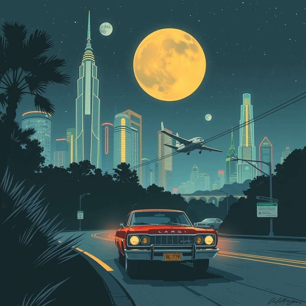 Retrofuturistic Car Scene in Dan Mumford Style