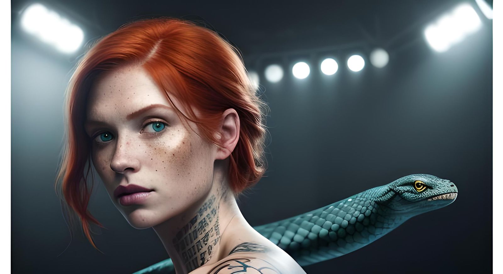 Redhead on Snake in Dystopian Night, Cinematic Portrait