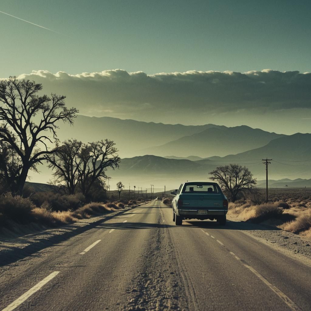 Duotone Car Driving Away: Cinematic Film Still