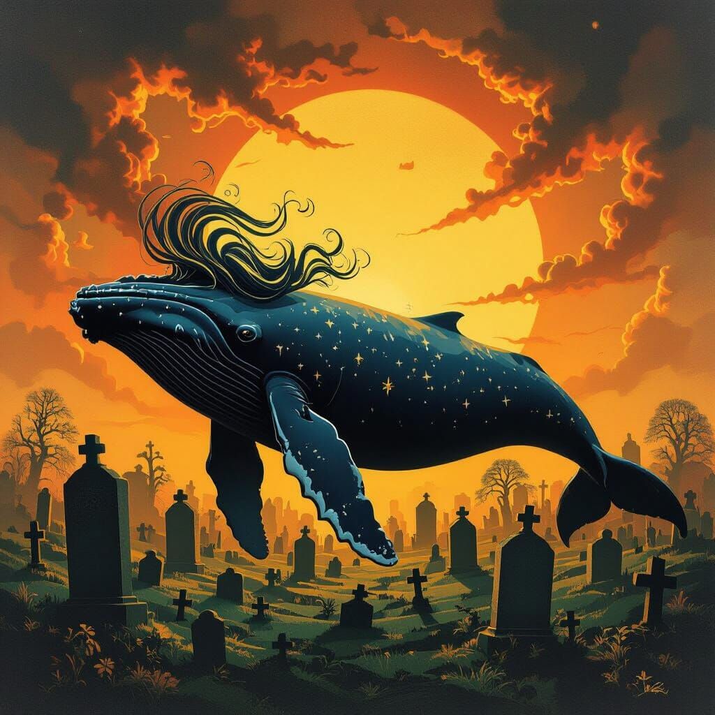 Humpback Whale in Beksiński Style Graveyard