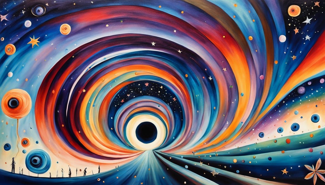 Surreal whimsical painting of a tunnel funnel vortex
