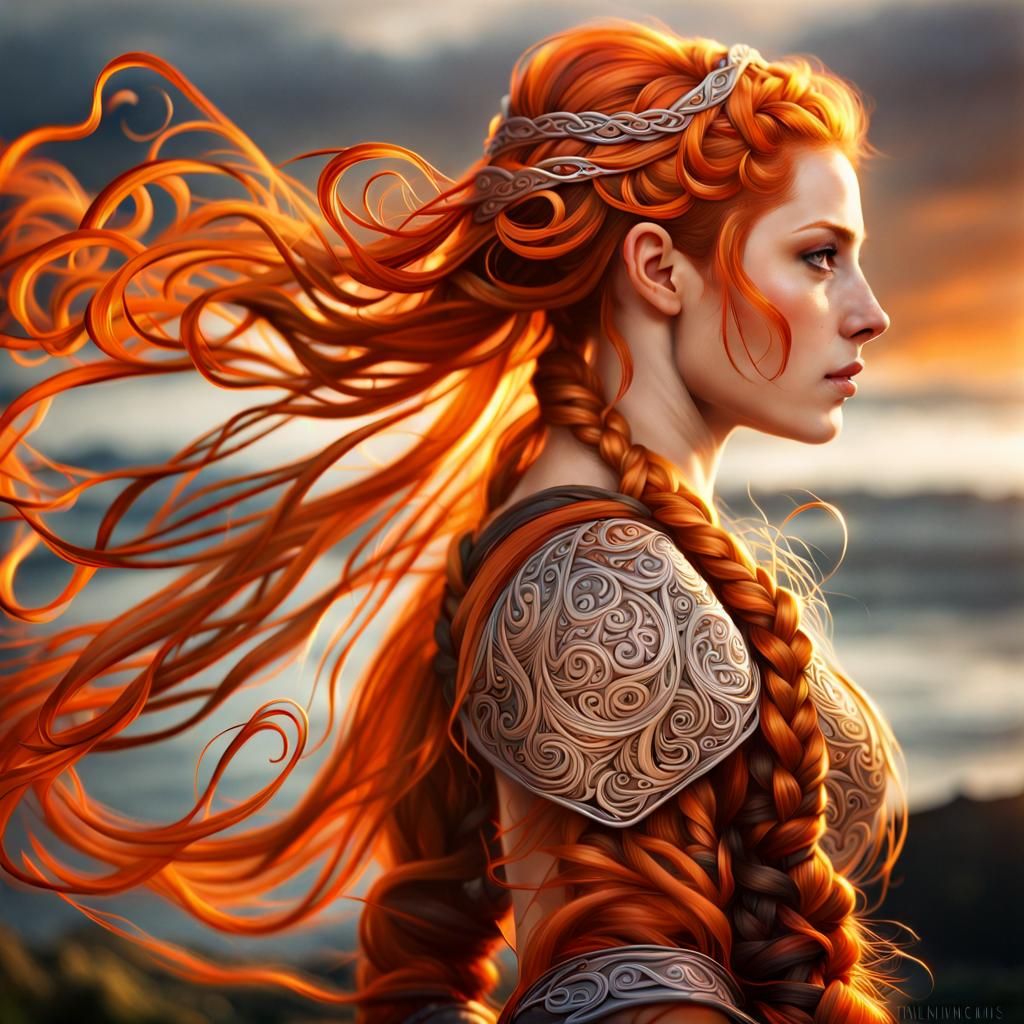 Viking Woman with Flowing Orange Braided Hair