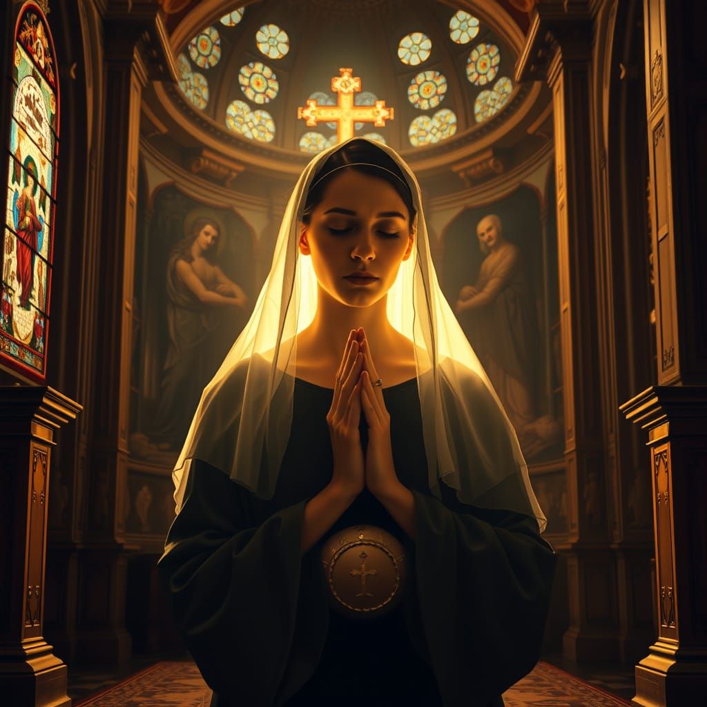 Devout Woman in Golden Chapel Light
