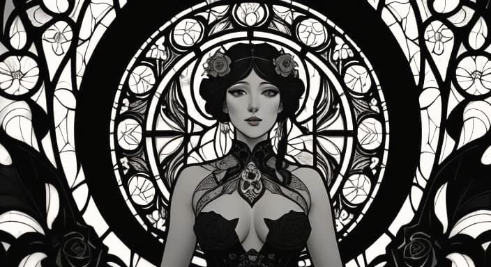 Art Nouveau Black Roses & Orchids on Vitreous