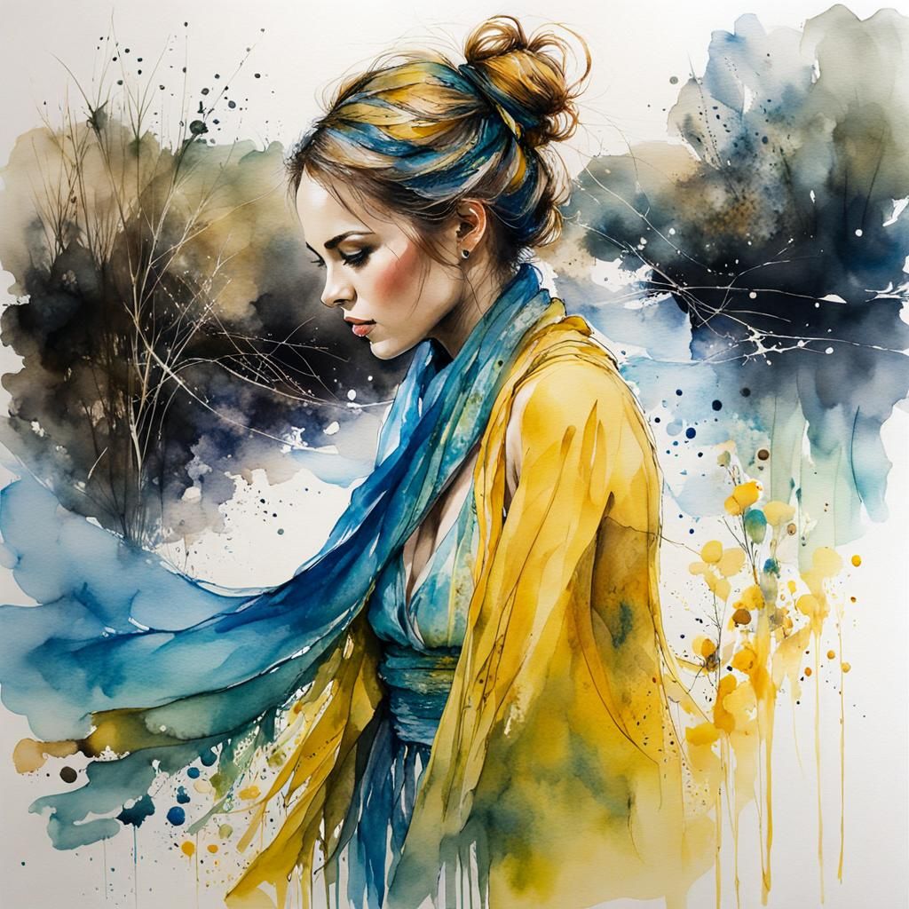 Woman at Riverbank in Watercolor and Ink