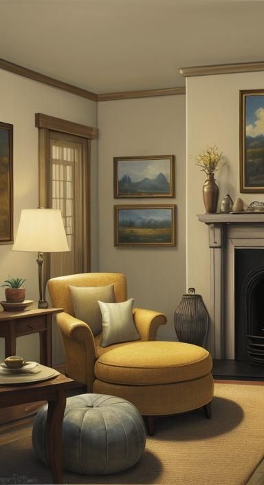 Serene Living Room with Moon Bean Bag: Oil Painting