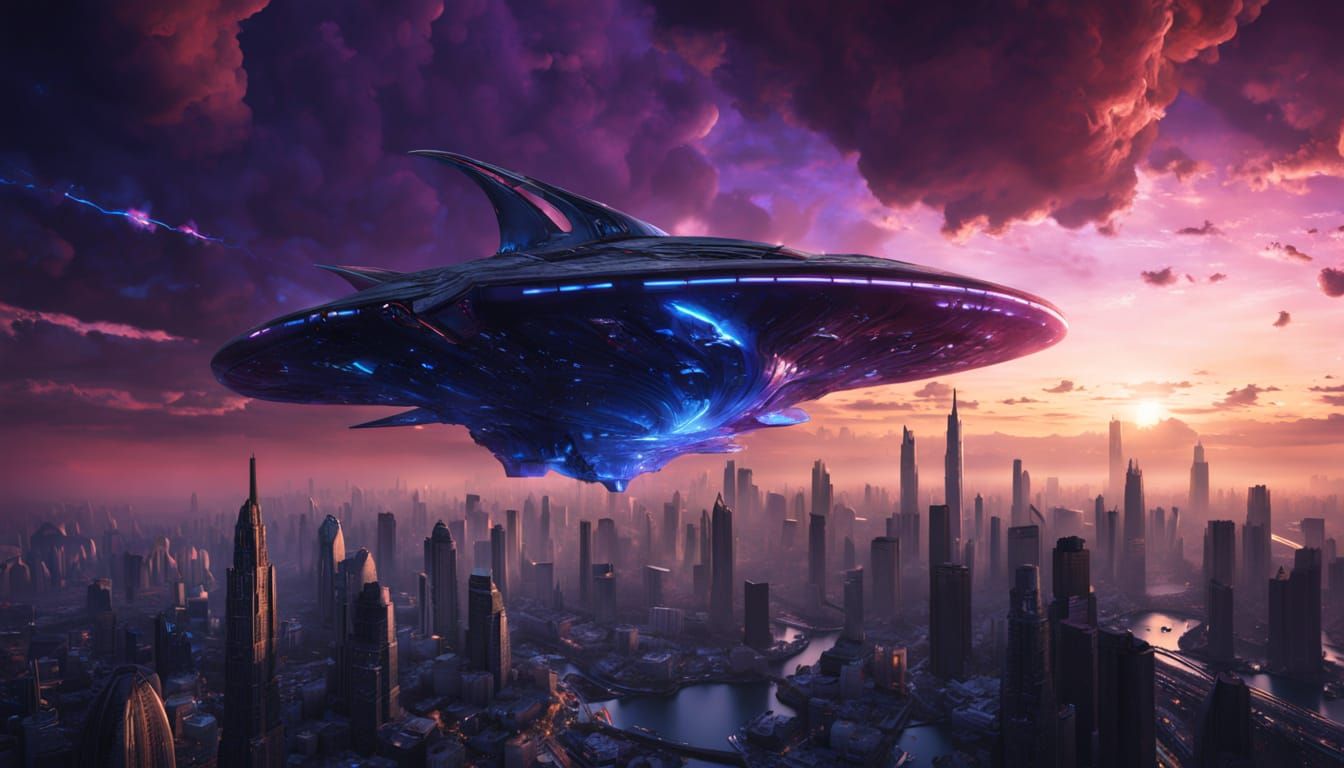 Epic Asymmetrical Starship Dominates City Skyline in Dramati...