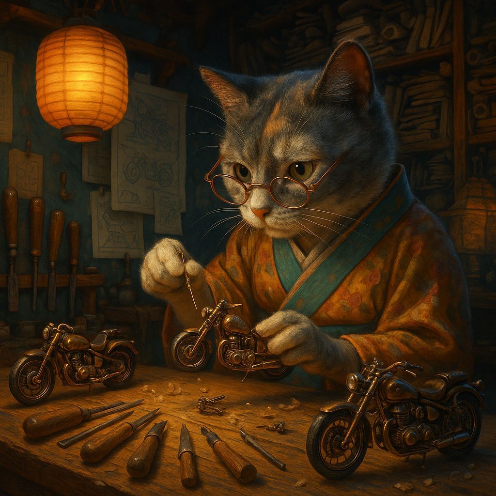 Grey Cat Crafts Steampunk Motorcycles in Whimsical Workshop