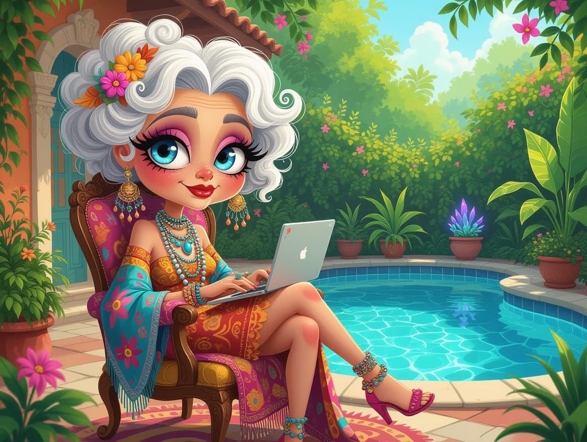 Whimsical Bohemian Woman Typing by a Lush Pool