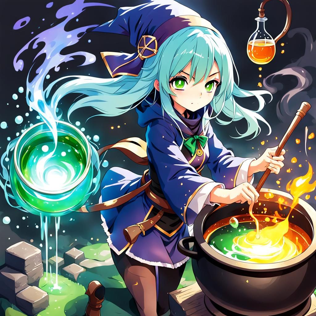 Anime Girl Mage Brewing Magic Potion