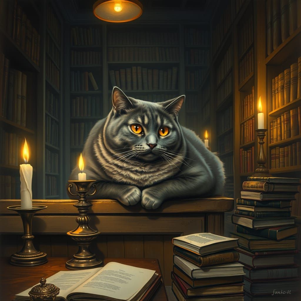 Cozy Bookshop Cat in Warm, Golden Light