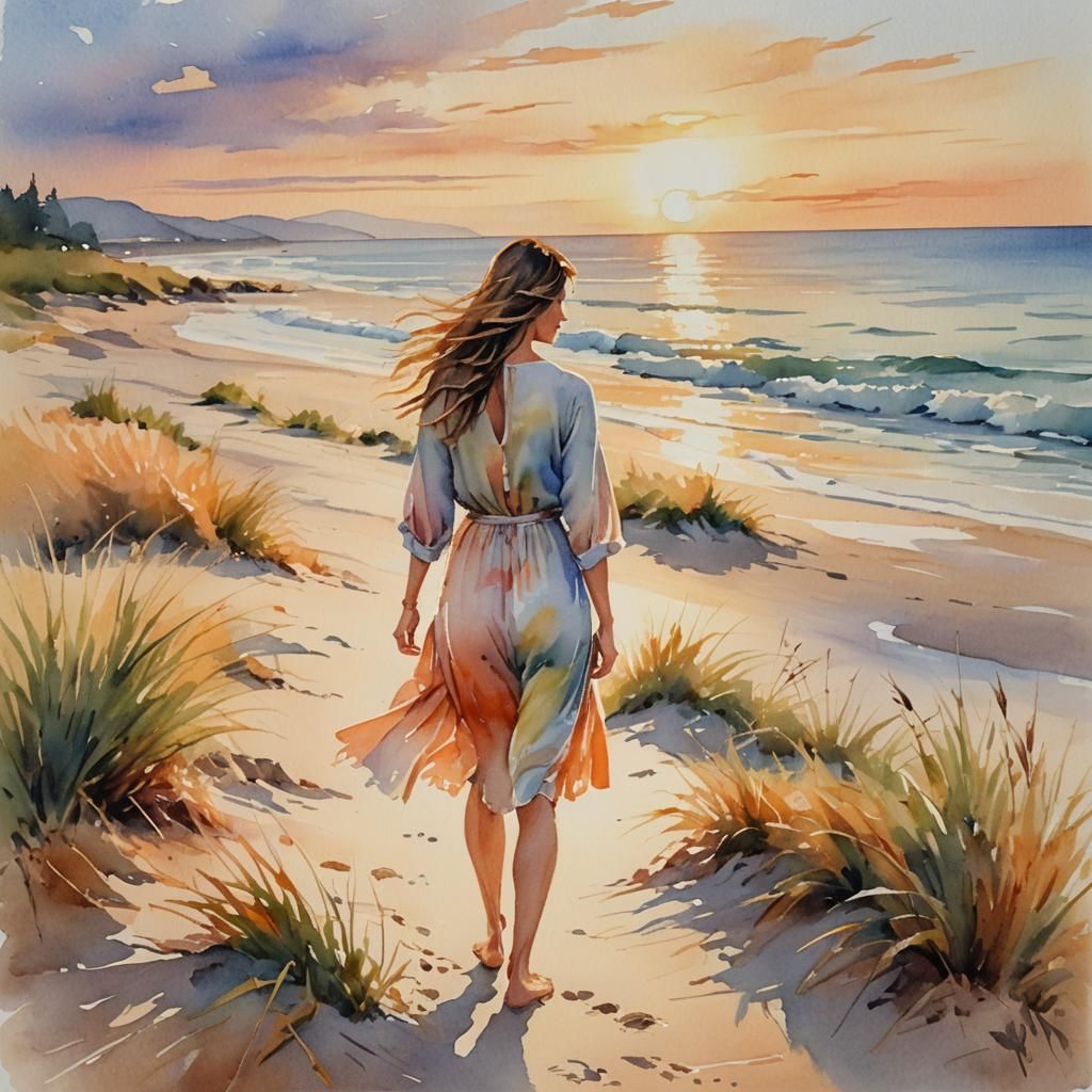 Woman Walking on Beach at Sunset: Watercolor Impression