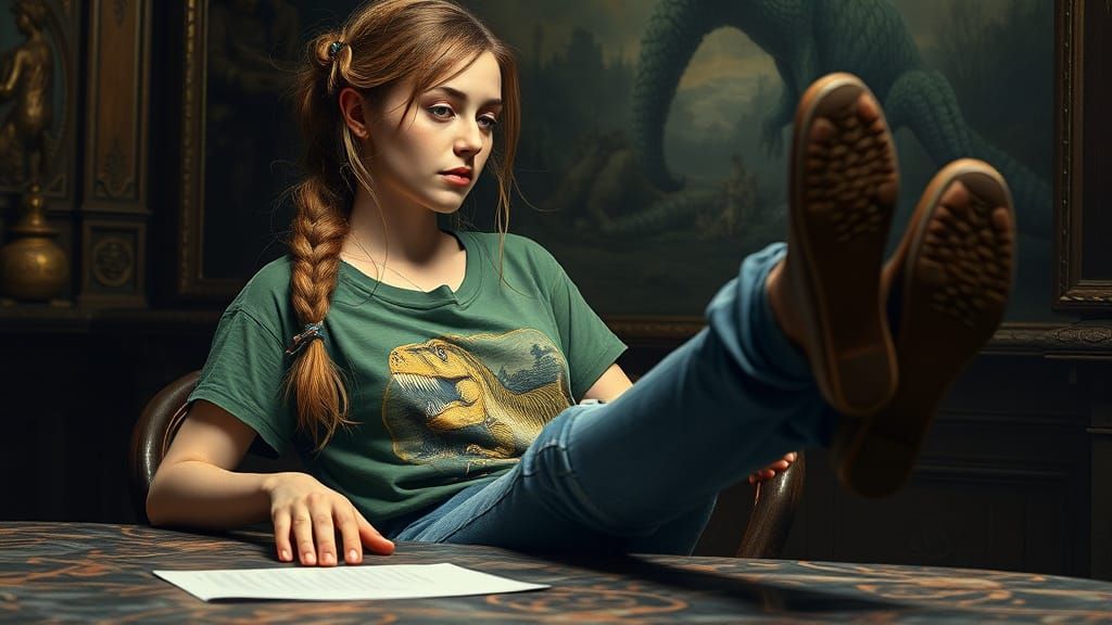 Woman Relaxing with Feet Up in Dinosaur T-Shirt