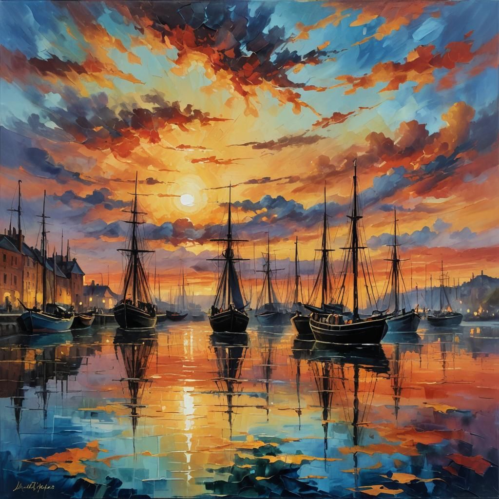 Dramatic Sunset Harbor Scene in Turner Style