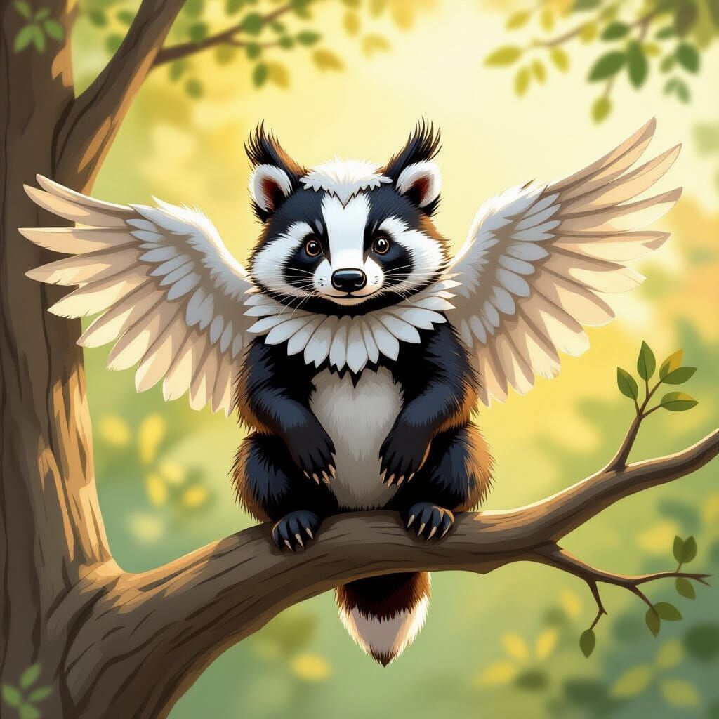 Badger in Bewildered Owl Costume Perches on Branch