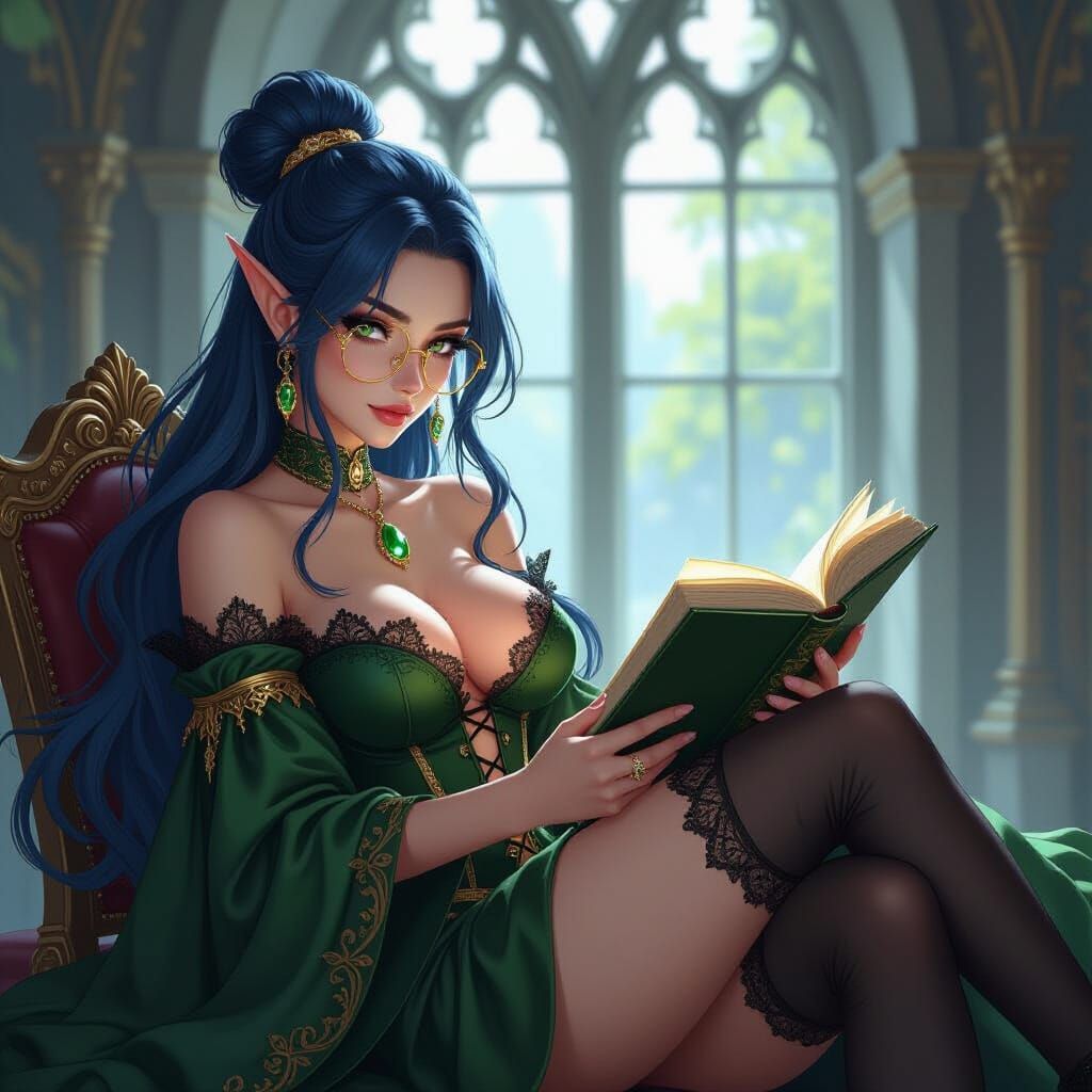 Elegant Elven Woman Reading in Gothic Chamber
