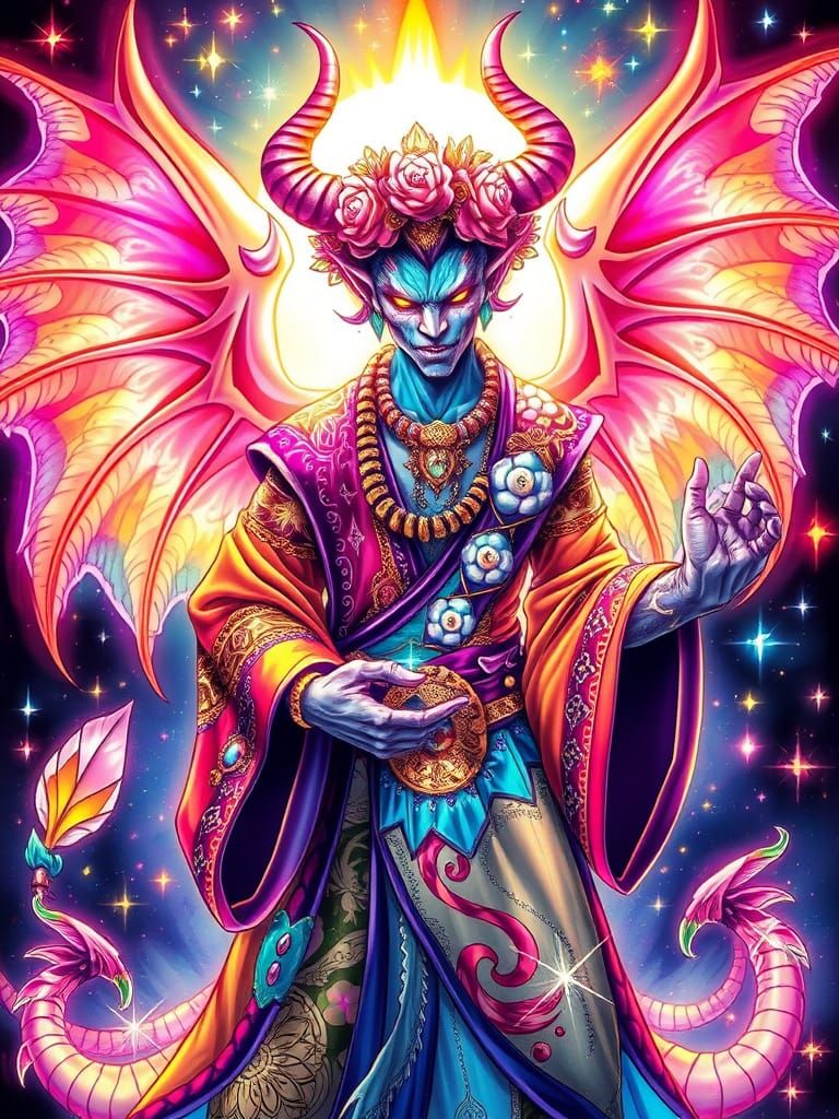 Surreal Fantasy Demon with Iridescent Wings and Glowing Feat...
