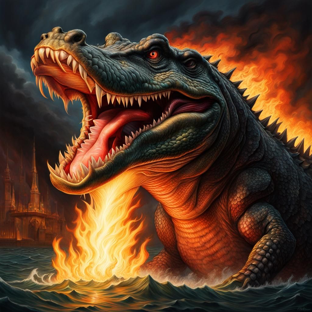 Demonic Crocodile Spewing Fire in a Cyberpunk World