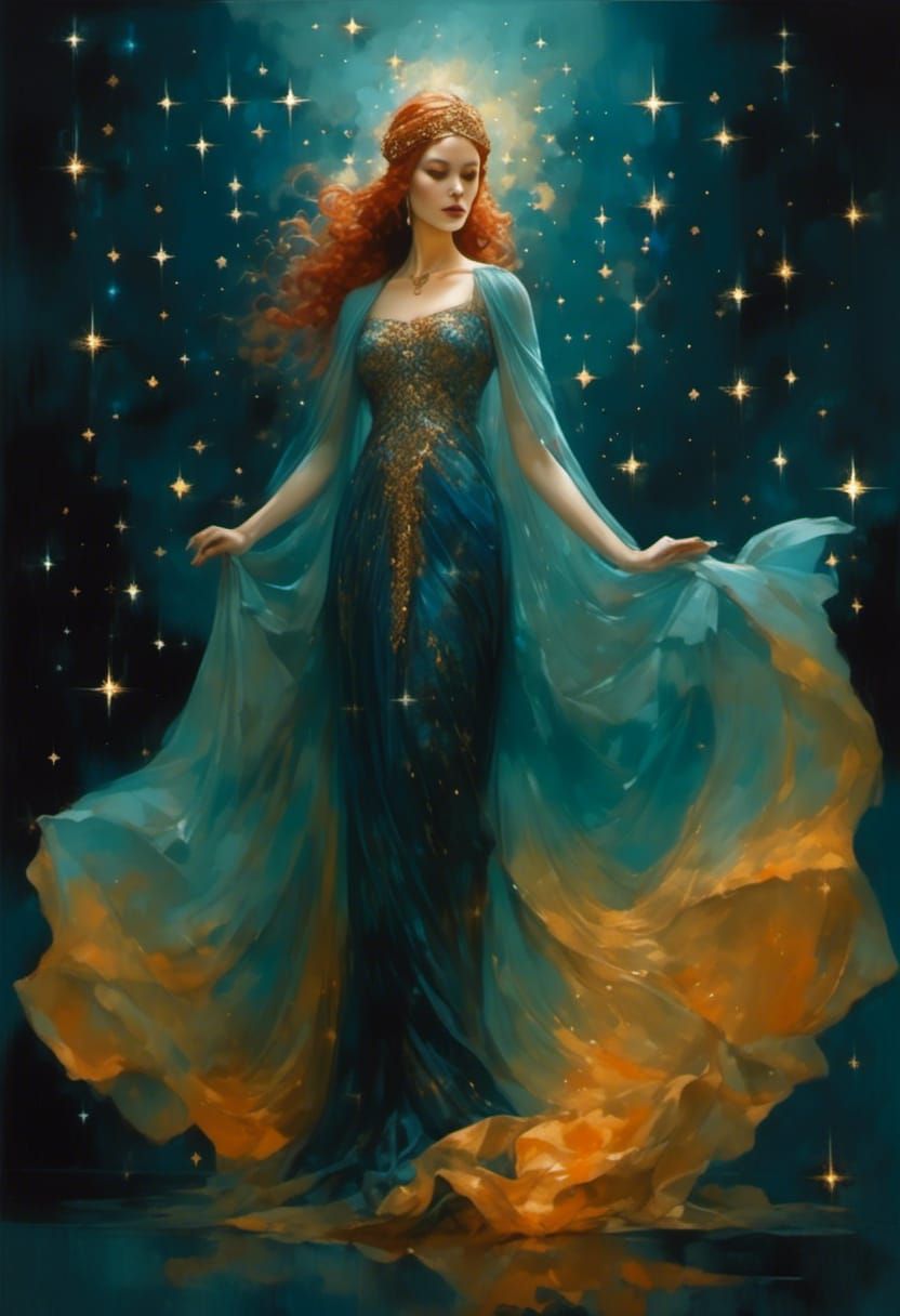 Woman in Headscarf Surrounded by Stars: Hyperrealistic Fanta...