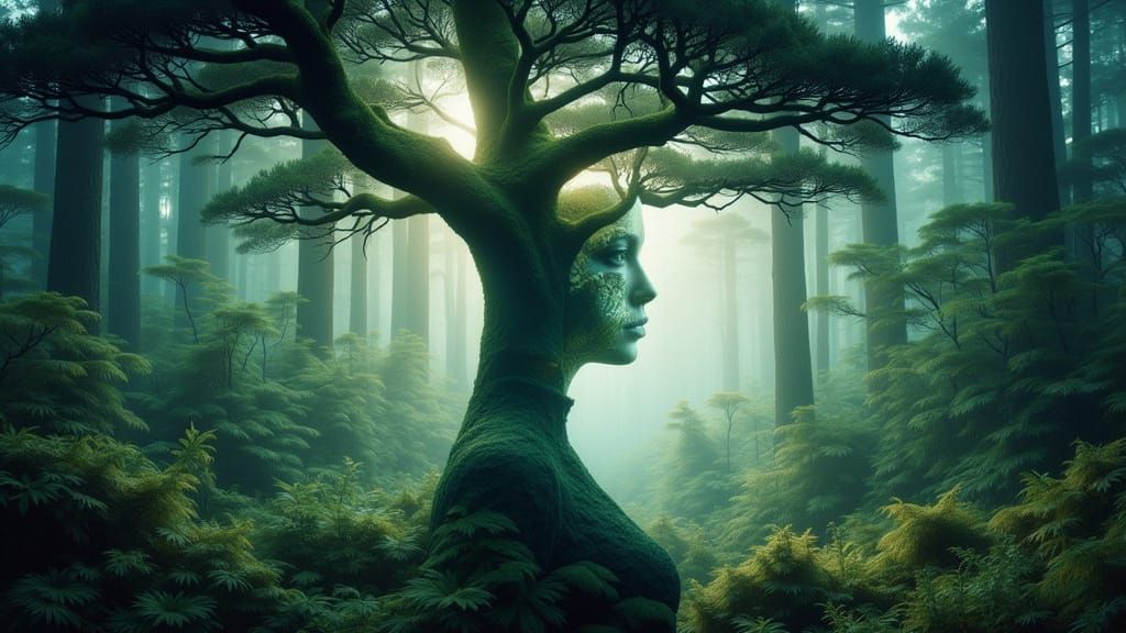 Moonlit Botanist in Dreamlike Double-Exposed Scene