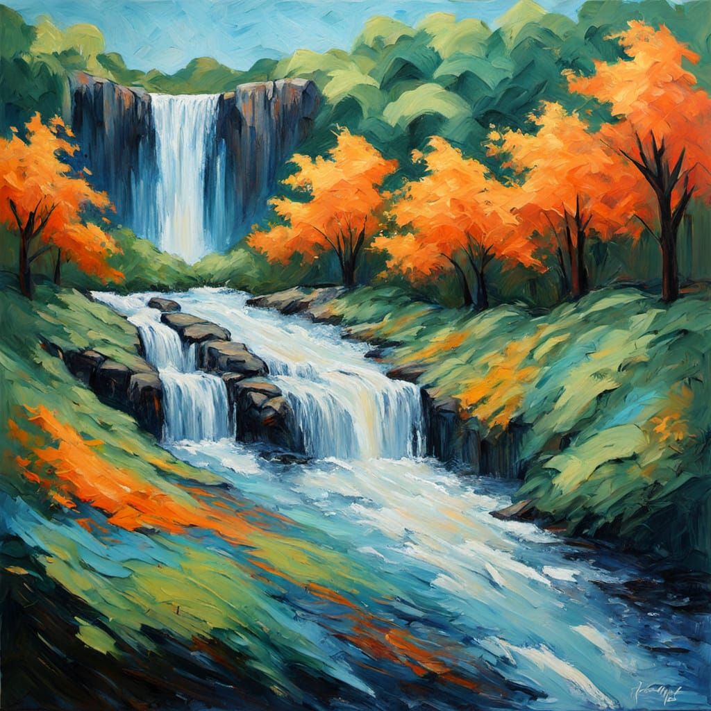 Dramatic Waterfall in Expressionist Impasto Style