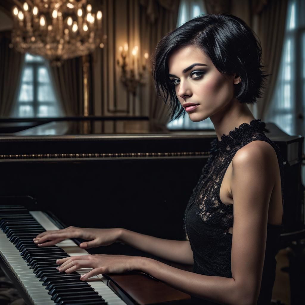 Glamorous Woman with Dark Hair Plays Piano