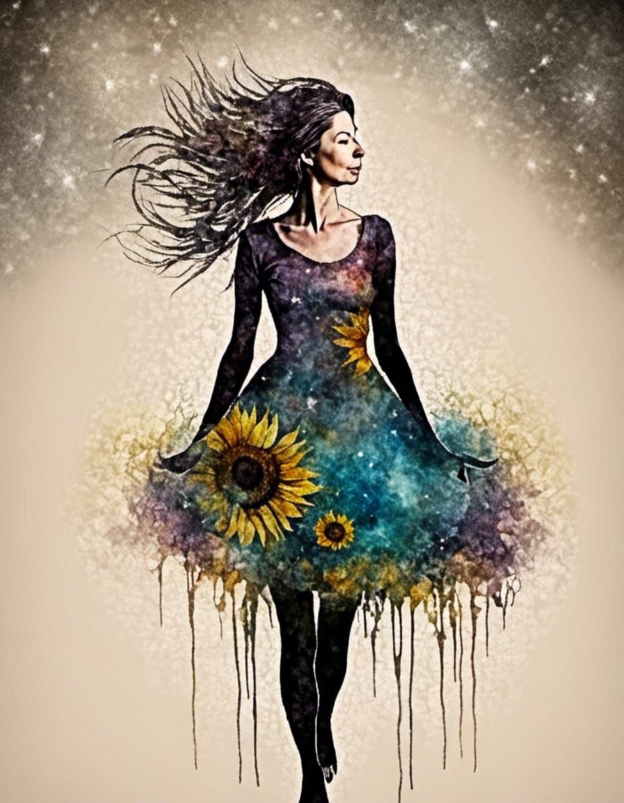 Woman in Cosmic Sunflower Dress, Alcohol Ink