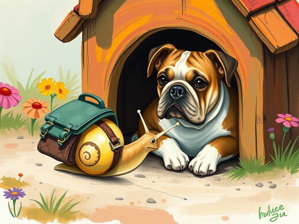 Snail Explorer in a Doghouse, Whimsical Illustration