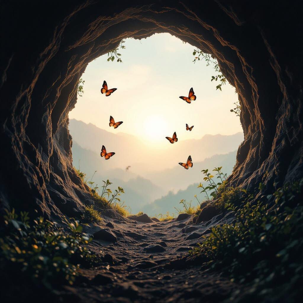 Dark Tunnel Opens to Light with Butterflies