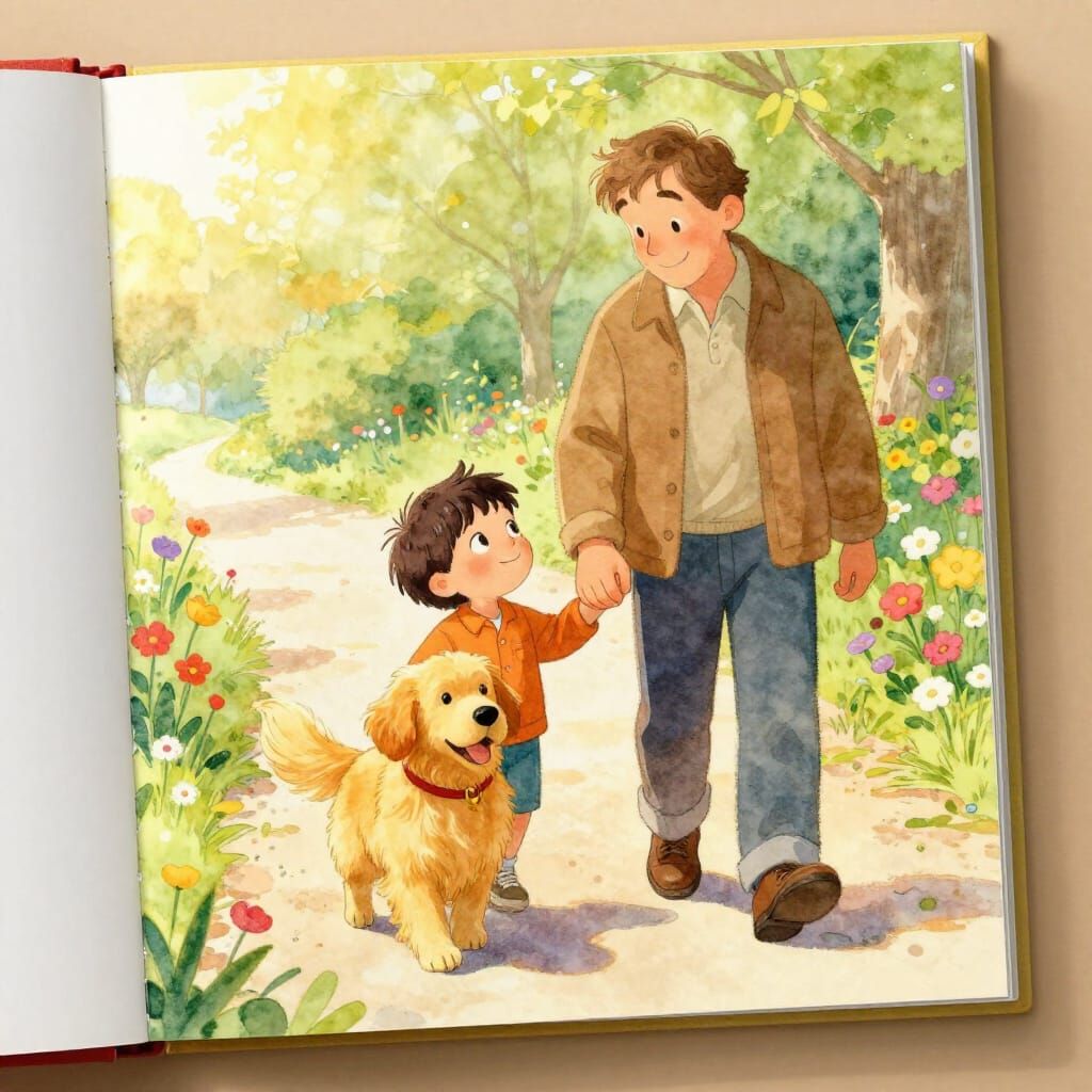 Little Zane loves his Pappa and they are walking their dog.